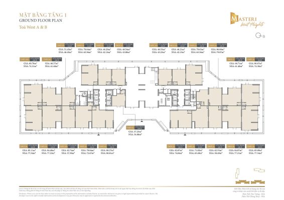 Mặt bằng Shop chân đế tòa A&B Masteri West Heights- Đông Tây Land Miền Bắc